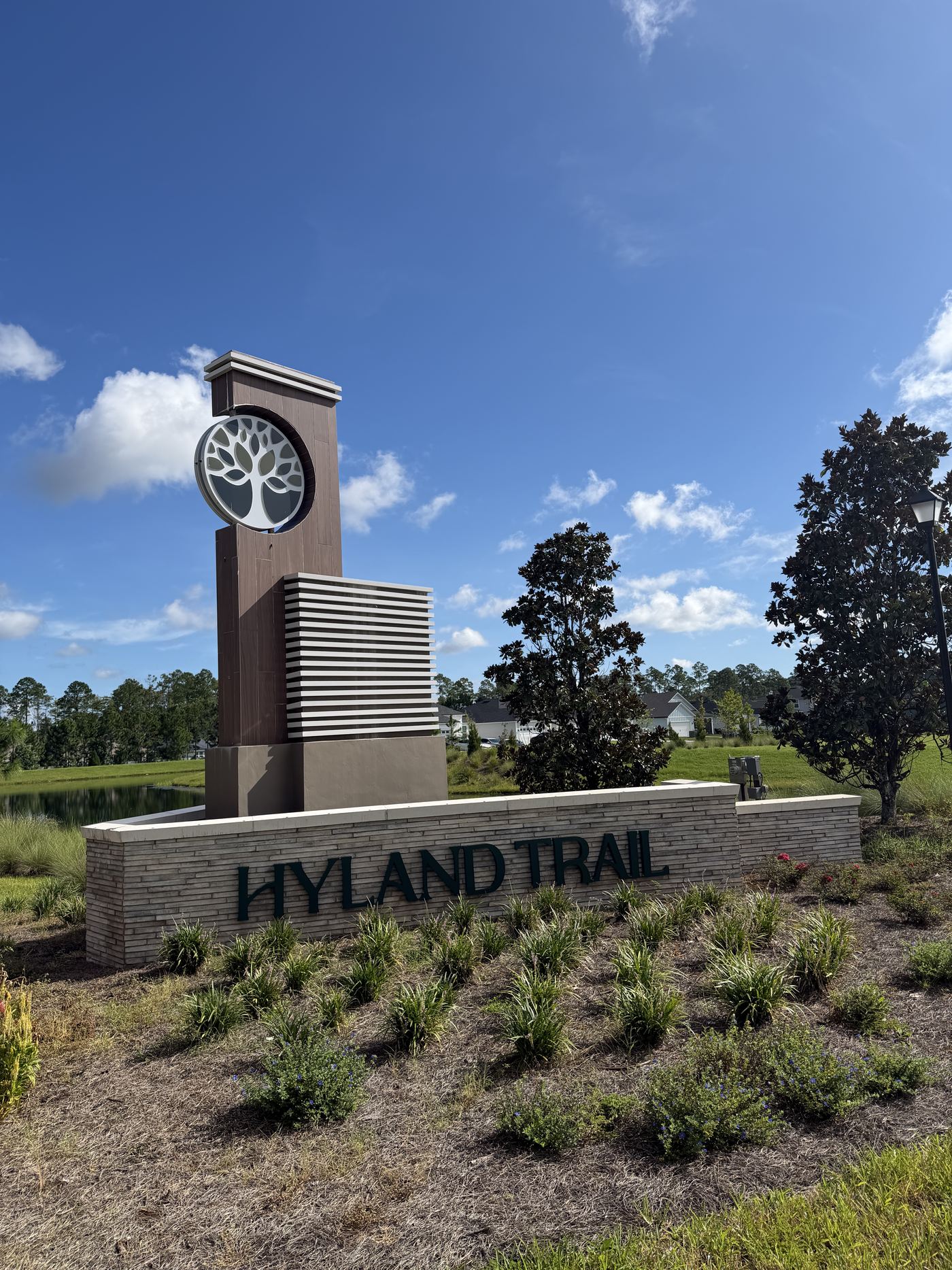 The Hyland Trail community entrance monument off Henley Road in Green Cove Springs, Florida